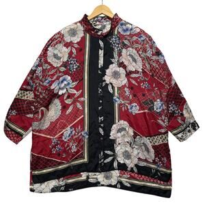 Jhonny Was Crane Mallory Button Down 100% Silk Tunic Shirt Red Black Women's XL